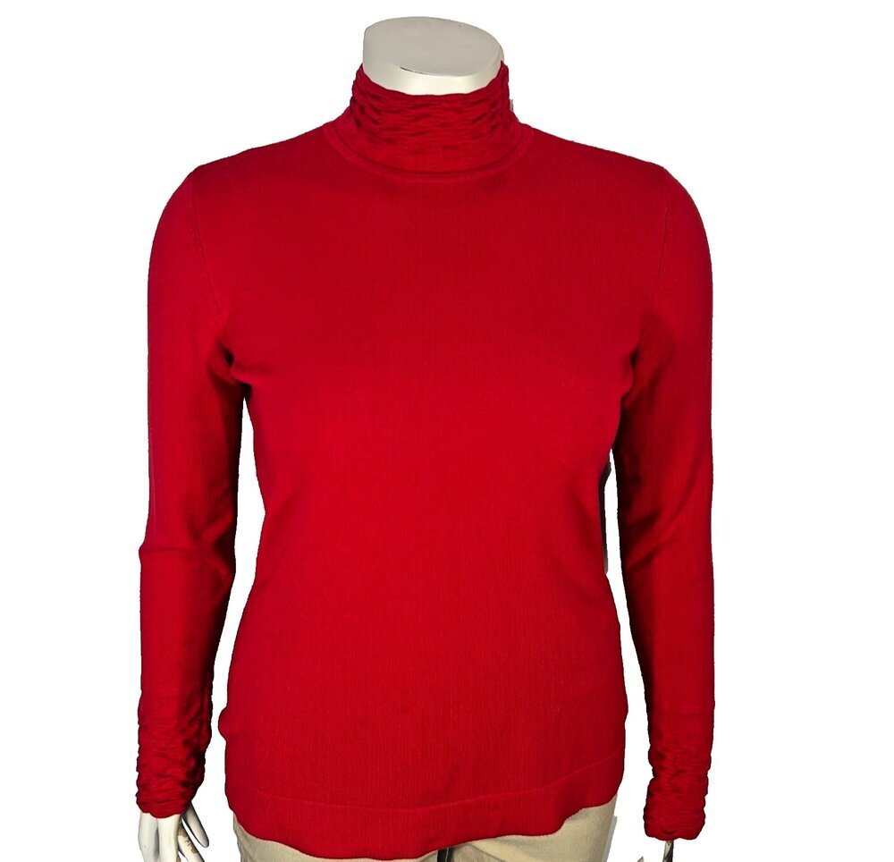 Tribal Sweater Womens L Solid Red Long Sleeve Ruched Mock Neck and Cuffs